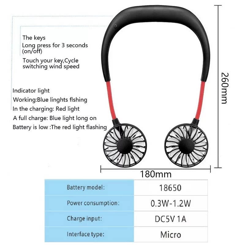 Portable Neck Fan - 360 Degree Free Rotation - Rechargeable